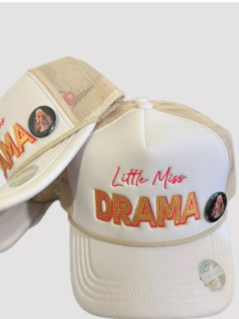 Little Miss Drama White and Gold Kids Trucker Hat